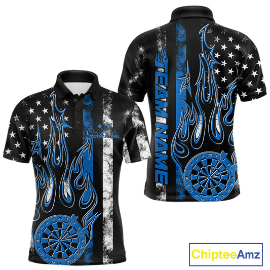 Custom Blue Thin Line US Flag Patriotic Flame Dartboard Dart Men Polo Shirts, Dart Jerseys IPHW9640
