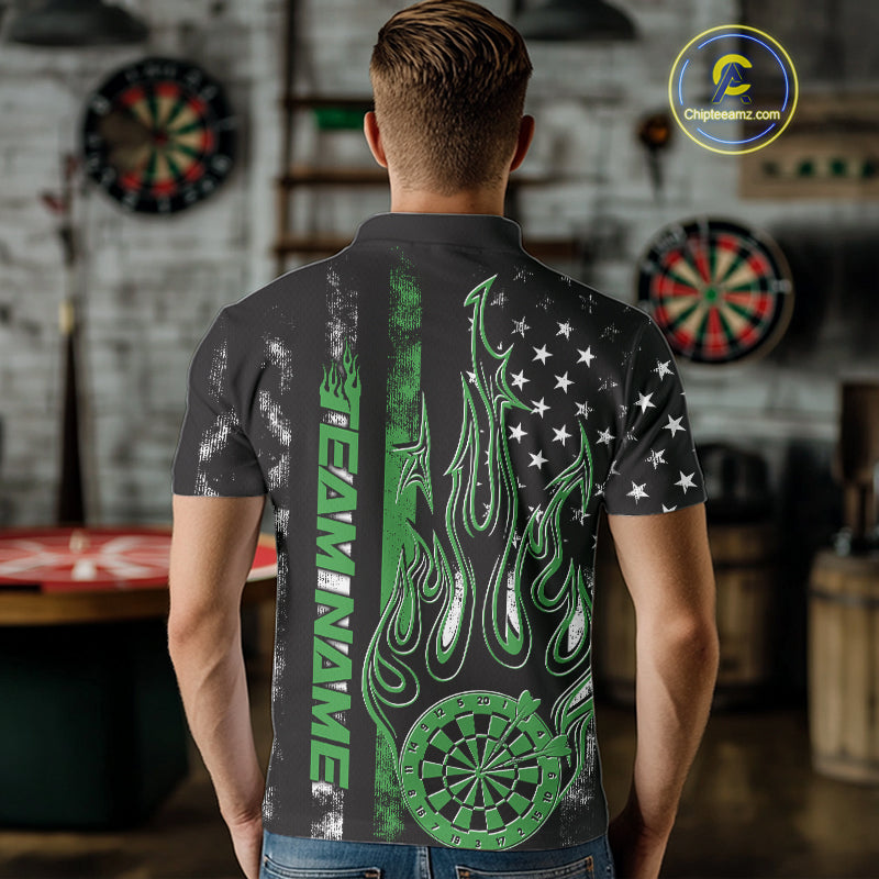 Custom Green Thin Line US Flag Patriotic Flame Dartboard Dart Men Polo Shirts, Dart Jerseys IPHW9641