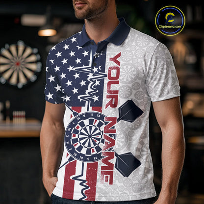 Custom US Flag Patriotic Dart Pulse Line Polo Shirts For Men, Dart Team Shirt IPHW9650