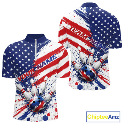 Custom Patriotic American Bowling Men Quarter Zip Shirt, US Flag Splatter Bowling Jersey IPHW11844