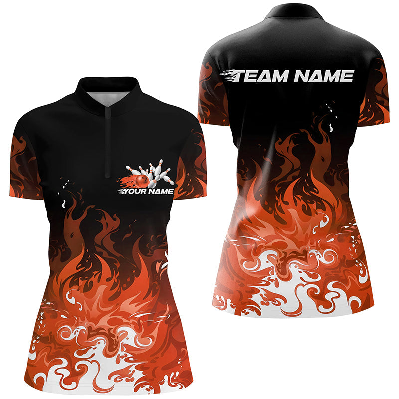 Custom Flame Ladies Bowling Shirts, Team Name Orange Bowling League Shirts Bowlers Outfits IPHW7404