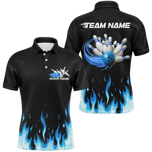 Custom Blue Flame Bowling Shirts For Men, Bowling Team Shirts With Name Bowling League Shirt IPHW7407