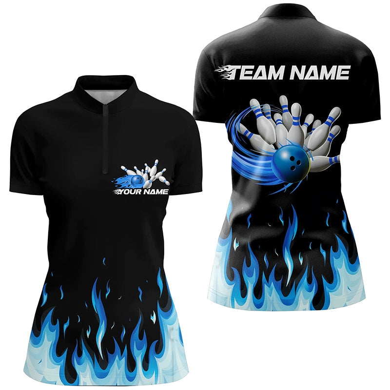Custom Blue Flame Ladies Bowling Shirts, Bowling Team Shirts With Name Bowling League Shirt IPHW7407