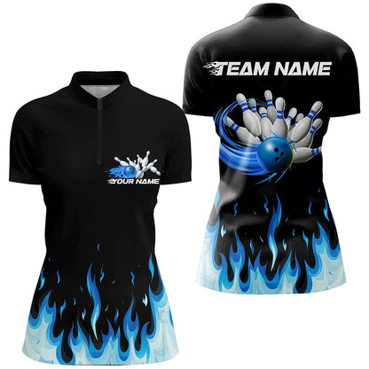Custom Blue Flame Ladies Bowling Shirts, Bowling Team Shirts With Name Bowling League Shirt IPHW7407