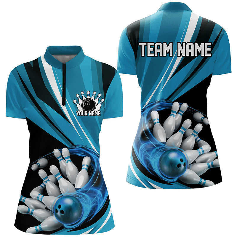 Custom Blue Flame Ladies Bowling Shirts, Bowling League Bowling Team Shirts Bowlers Outfit IPHW7415