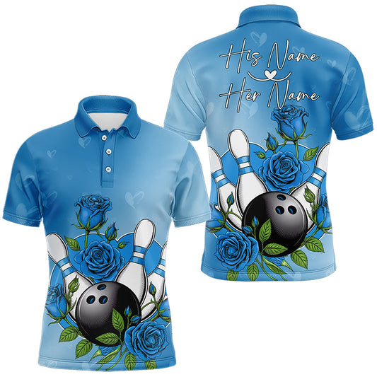Custom Blue Valentine Bowling Polo Shirts For Men, Bowling And Roses Couple Bowling Outfits IPHW8351