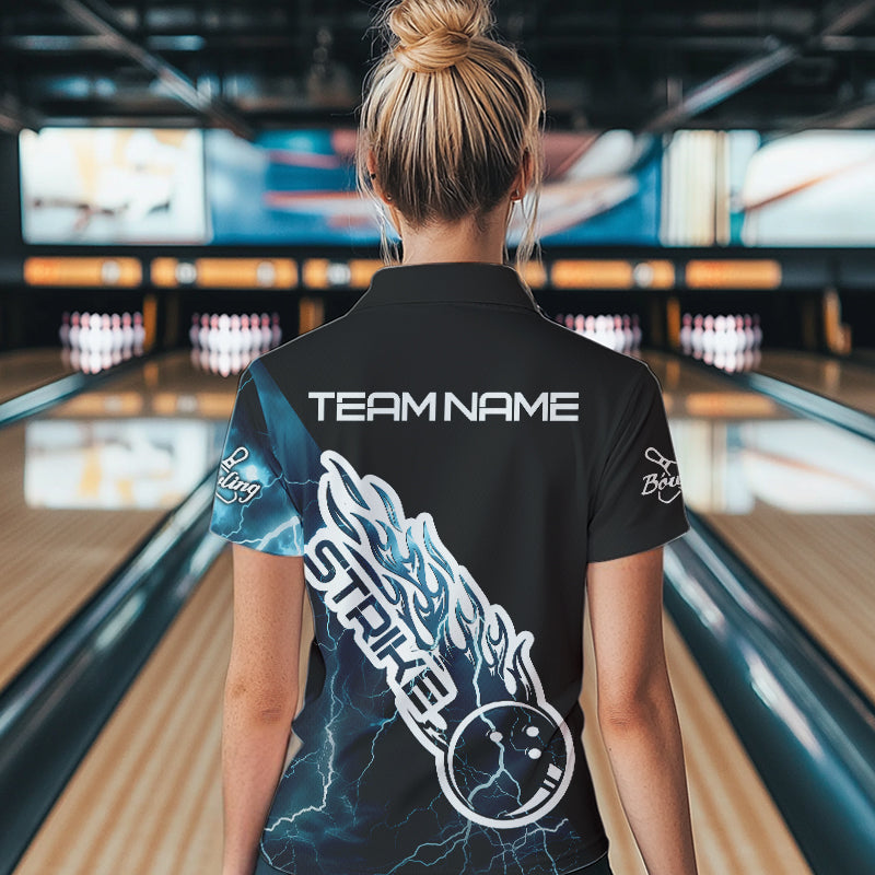 Custom Black And Blue Thunder Lightning Strike Bowling Polo Shirts For Women Team Shirt IPHW8532