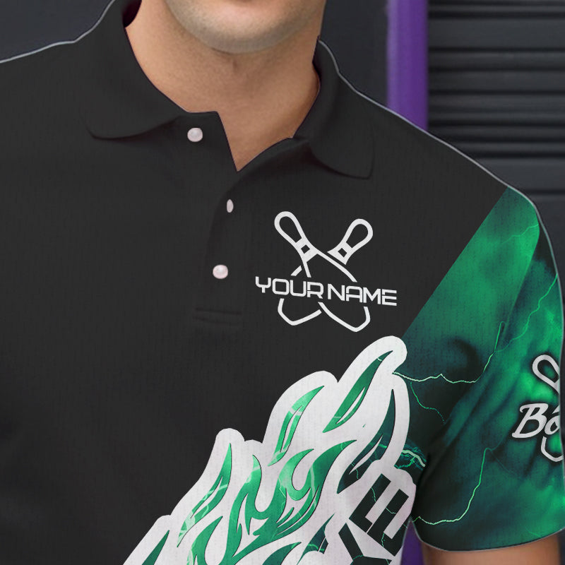Custom Black And Green Thunder Lightning Strike Bowling Polo Shirts For Men Team Shirt IPHW8534