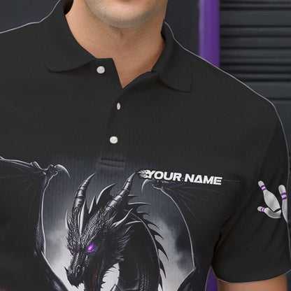 Custom Black And Purple Dragon Bowling Team Polo Shirts For Men, Dragon Bowling Jerseys IPHW8546