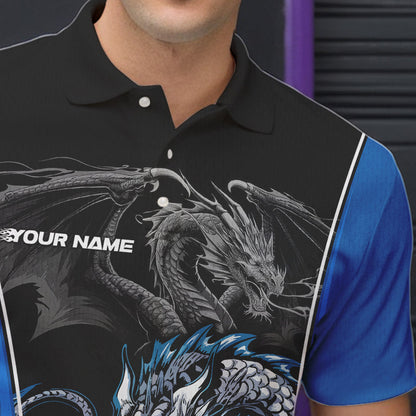 Custom Black And Blue Dragon Bowling Polo Shirts For Men, Dragon Bowling Tournament Uniform IPHW8552