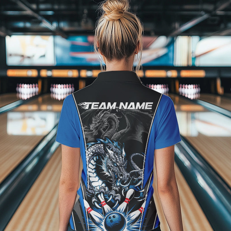 Custom Black And Blue Dragon Bowling Polo Shirts For Women, Bowling Tournament Uniform IPHW8552