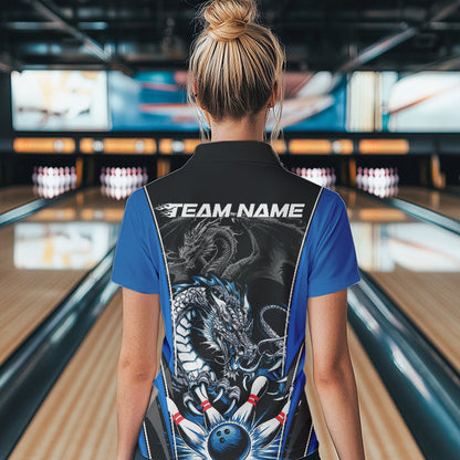 Custom Black And Blue Dragon Bowling Polo Shirts For Women, Bowling Tournament Uniform IPHW8552