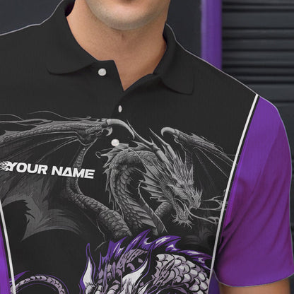 Custom Black And Purple Dragon Bowling Polo Shirts For Men, Dragon Bowling Tournament Uniform IPHW8554