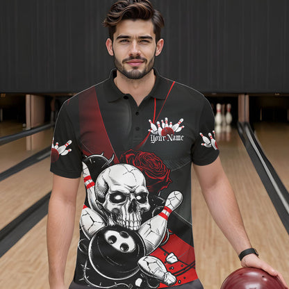 Custom Black And Red Roses Skull Bowling Team Polo Shirts For Men, Skull Bowling Jerseys IPHW8870
