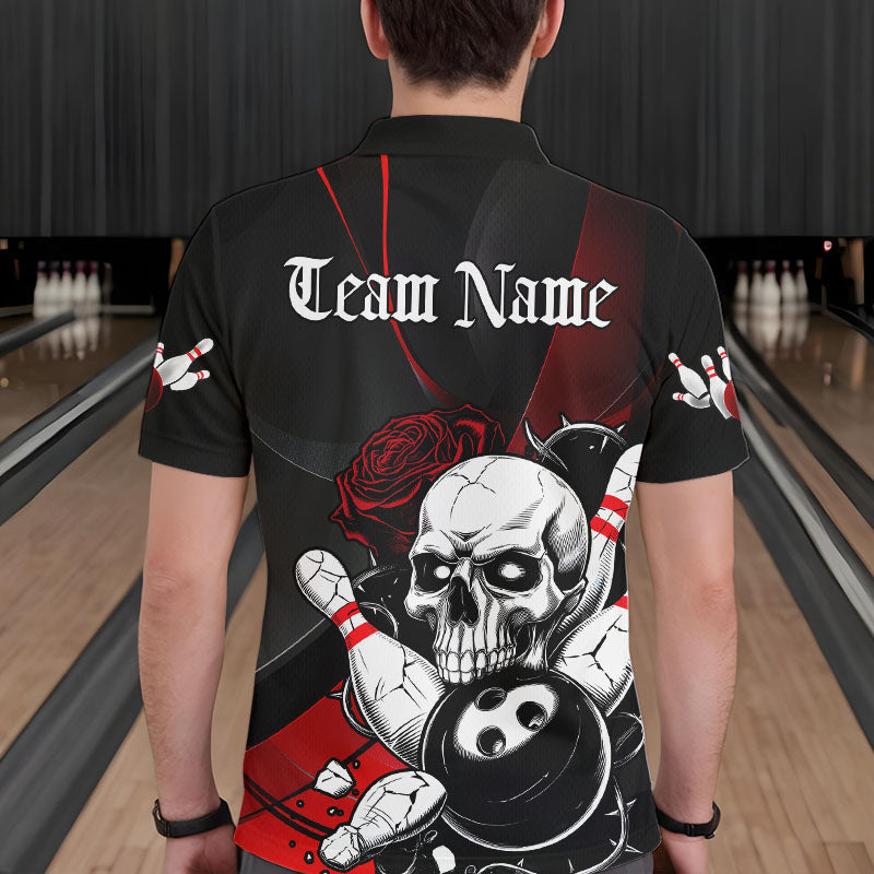 Custom Black And Red Roses Skull Bowling Team Polo Shirts For Men, Skull Bowling Jerseys IPHW8870