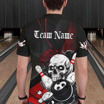 Custom Black And Red Roses Skull Bowling Team Polo Shirts For Men, Skull Bowling Jerseys IPHW8870