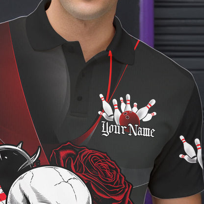 Custom Black And Red Roses Skull Bowling Team Polo Shirts For Men, Skull Bowling Jerseys IPHW8870