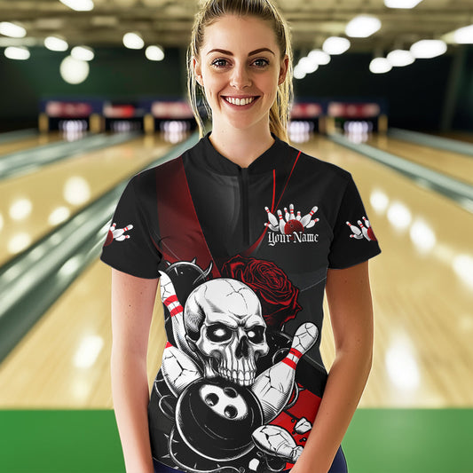 Custom Black And Red Roses Skull Bowling Team Women Quarter-Zip Shirt, Skull Bowling Jersey IPHW8870