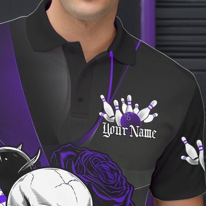 Custom Black And Purple Roses Skull Bowling Team Polo Shirts For Men, Skull Bowling Jerseys IPHW8871