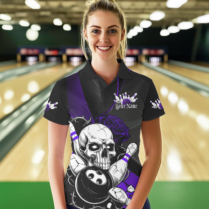 Custom Black And Purple Roses Skull Bowling Team Polo Shirt For Women, Skull Bowling Jersey IPHW8871