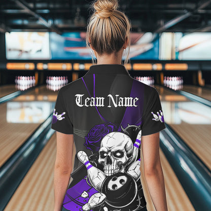 Custom Black And Purple Roses Skull Bowling Team Polo Shirt For Women, Skull Bowling Jersey IPHW8871