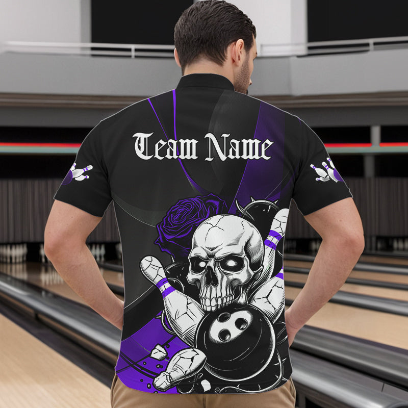 Custom Black And Purple Roses Skull Bowling Team Quarter-Zip Shirts For Men, Skull Bowling Jerseys IPHW8871