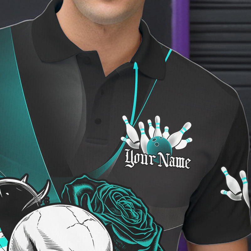 Custom Black And Blue Roses Skull Bowling Team Polo Shirts For Men, Skull Bowling Jerseys IPHW8872