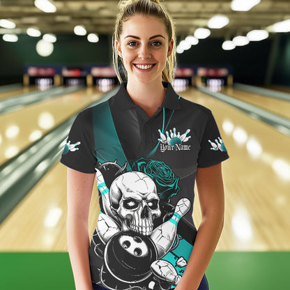 Custom Black And Blue Roses Skull Bowling Team Polo Shirts For Women, Skull Bowling Jerseys IPHW8872