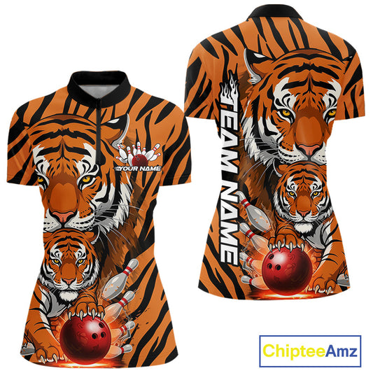 Custom Tiger Print Bowling Team Shirts, Tiger Women Quarter-Zip Shirts With Name IPHW9095