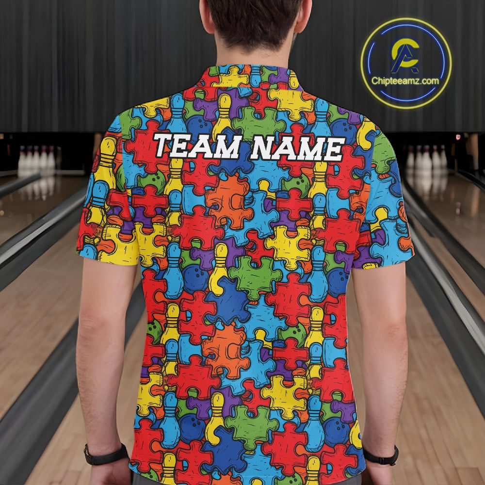 Custom Autism Awareness Bowling Men Polo Shirt, Colorful Puzzle Pieces Bowling Shirt IPHW11615