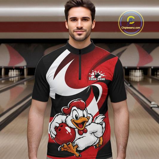 Custom Black And Red Cute Funny Chicken Bowling Jerseys Bowling Team Shirt For Men IPHW11626