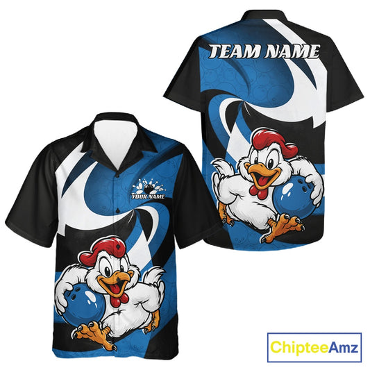 Custom bowling-themed short-sleeve button up shirt shown from the front and back. The shirt features a black base with a blue and white abstract wave pattern, a cartoon chicken holding a bowling ball graphic, and customizable text placeholders reading 'TEAM NAME' and 'YOUR NAME'.