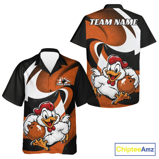 Front and back views of a custom short-sleeve athletic polo shirt featuring a cartoon chicken holding a basketball, with 'TEAM NAME' printed on the back. The shirt has a black, orange, and white color scheme.