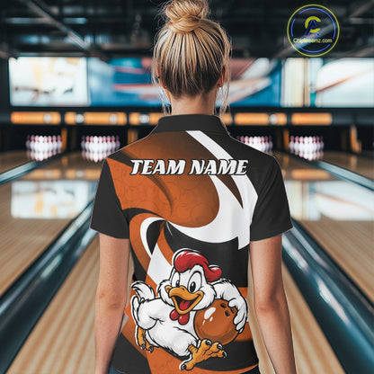 Custom Black And Orange Cute Funny Chicken Bowling Jerseys Bowling Team Shirt For Women IPHW11628