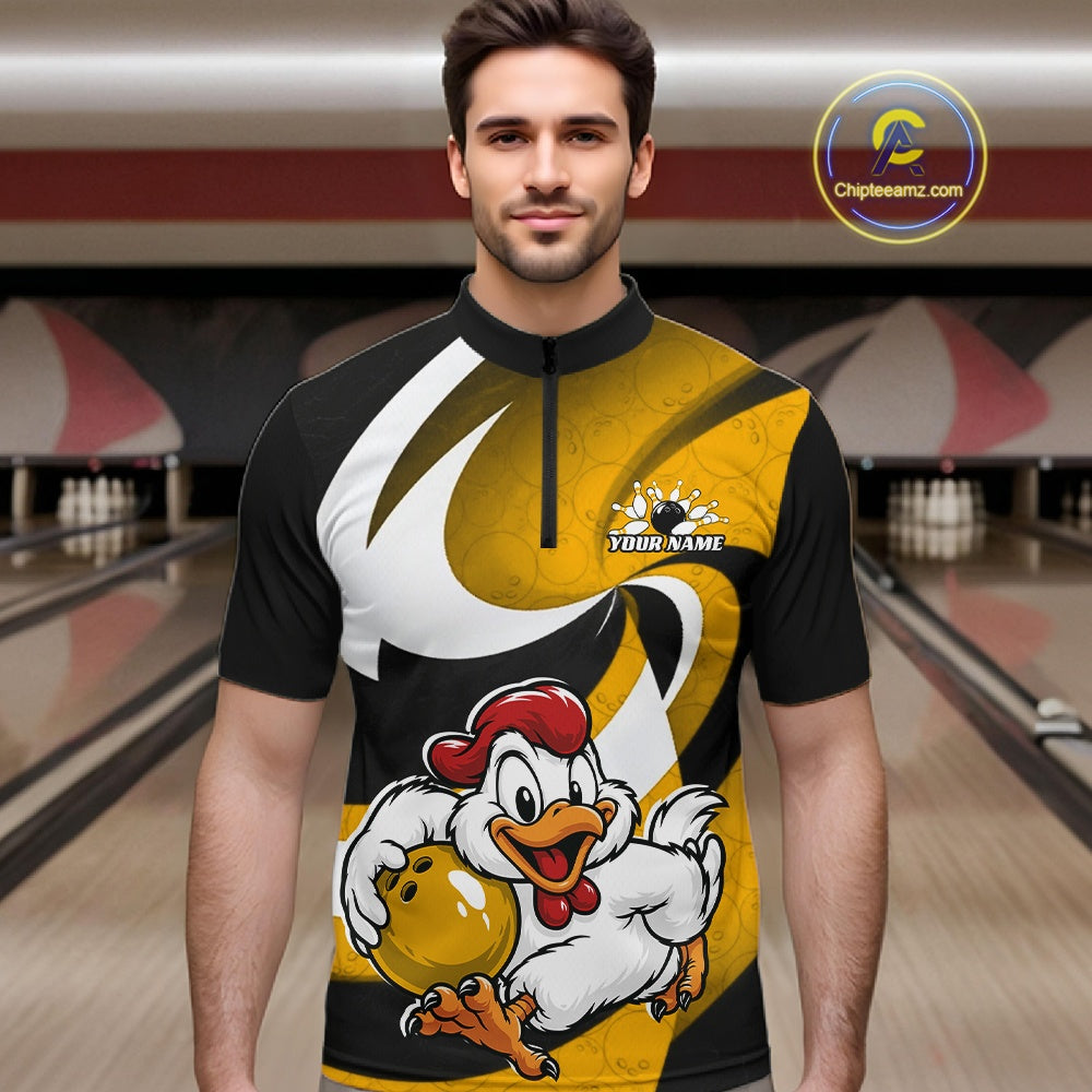 Custom Black And Yellow Cute Funny Chicken Bowling Jerseys Bowling Team Shirt For Men IPHW11629