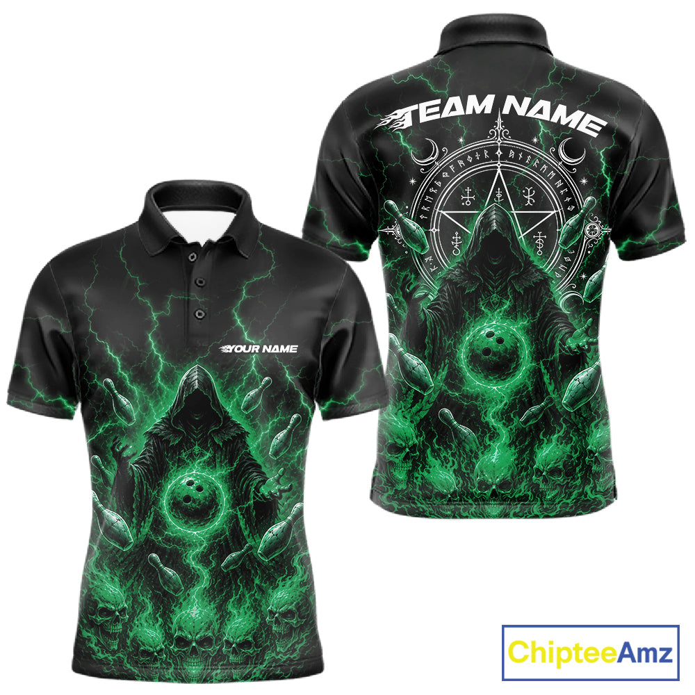 Custom Green Lightning Halloween Grim Reaper Bowling Men Polo Shirt, Dark Magic Outfit IPHW11883