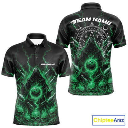 Custom Green Lightning Halloween Grim Reaper Bowling Men Polo Shirt, Dark Magic Outfit IPHW11883