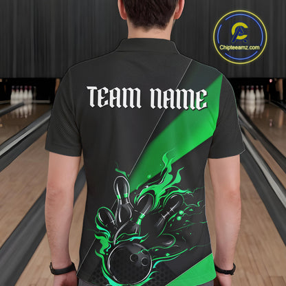Black And Green Custom Flame Bowling Tournament Jerseys For Men, Bowling Team Shirts IPHW7926