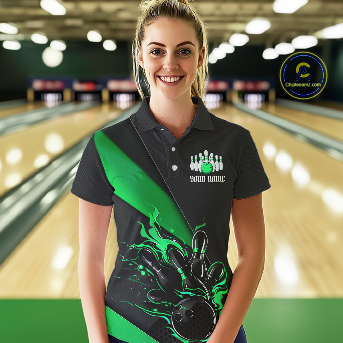 Black And Green Custom Flame Bowling Tournament Jerseys For Women, Bowling Team Shirts IPHW7926
