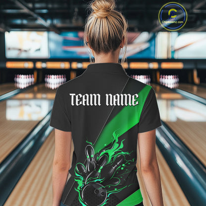 Black And Green Custom Flame Bowling Tournament Jerseys For Women, Bowling Team Shirts IPHW7926