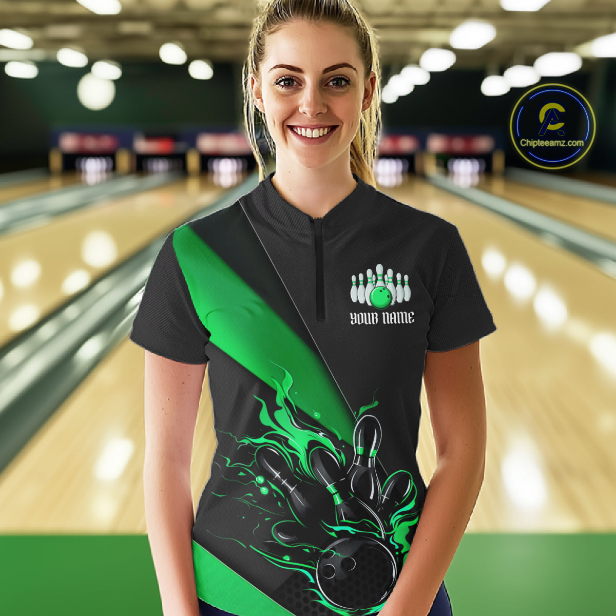 Black And Green Custom Flame Bowling Tournament Jerseys For Women, Bowling Team Shirts IPHW7926