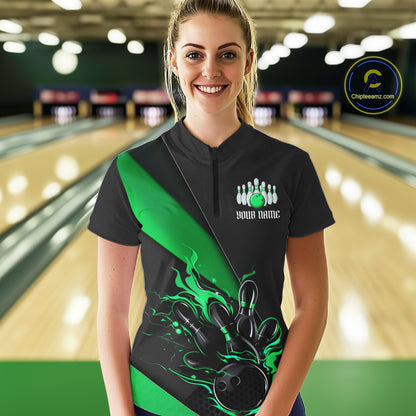 Black And Green Custom Flame Bowling Tournament Jerseys For Women, Bowling Team Shirts IPHW7926
