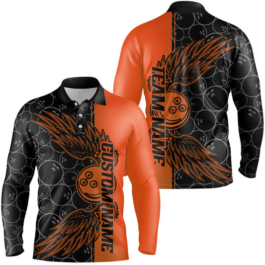 Black And Orange Custom Bowling Ball And Wings Bowling Shirts For Men, Bowling Team Uniform IPHW7930