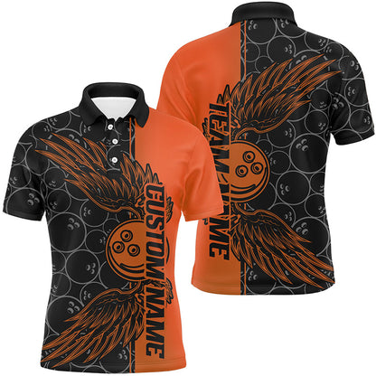 Black And Orange Custom Bowling Ball And Wings Bowling Shirts For Men, Bowling Team Uniform IPHW7930