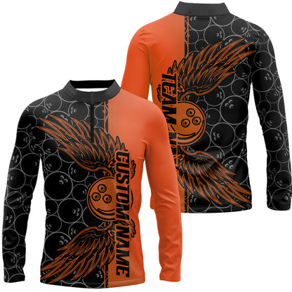 Black And Orange Custom Bowling Ball And Wings Bowling Shirts For Men, Bowling Team Uniform IPHW7930
