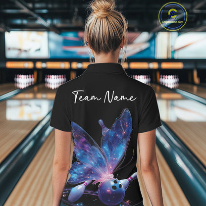 Custom Blue Galaxy Butterfly Bowling Women Polo Shirts, Ladies Bowling Team Outfit IPHW10241