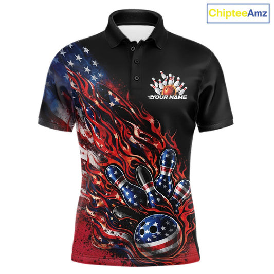 Custom Patriotic Flame Bowling Shirts, American US Flag Bowling Team Jerseys Freedom 4Th Of July Bowling Shirt IPHW10432