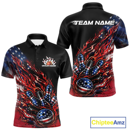 Custom Patriotic Flame Bowling Shirts, American US Flag Bowling Team Jerseys Freedom 4Th Of July Bowling Shirt IPHW10432