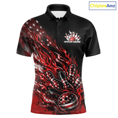 Custom Patriotic Red Flame Bowling Shirts, US Flag Bowling Team Jerseys Freedom 4Th Of July Bowling Shirt IPHW10433