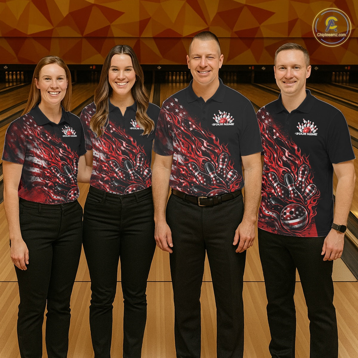 Custom Patriotic Red Flame Bowling Shirts, US Flag Bowling Team Jerseys Freedom 4Th Of July Bowling Shirt IPHW10433
